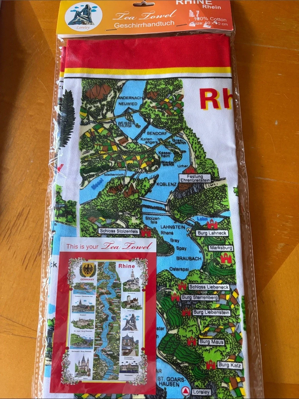 Rhine Map Cotton Tea Towel - Red, White, Blue
